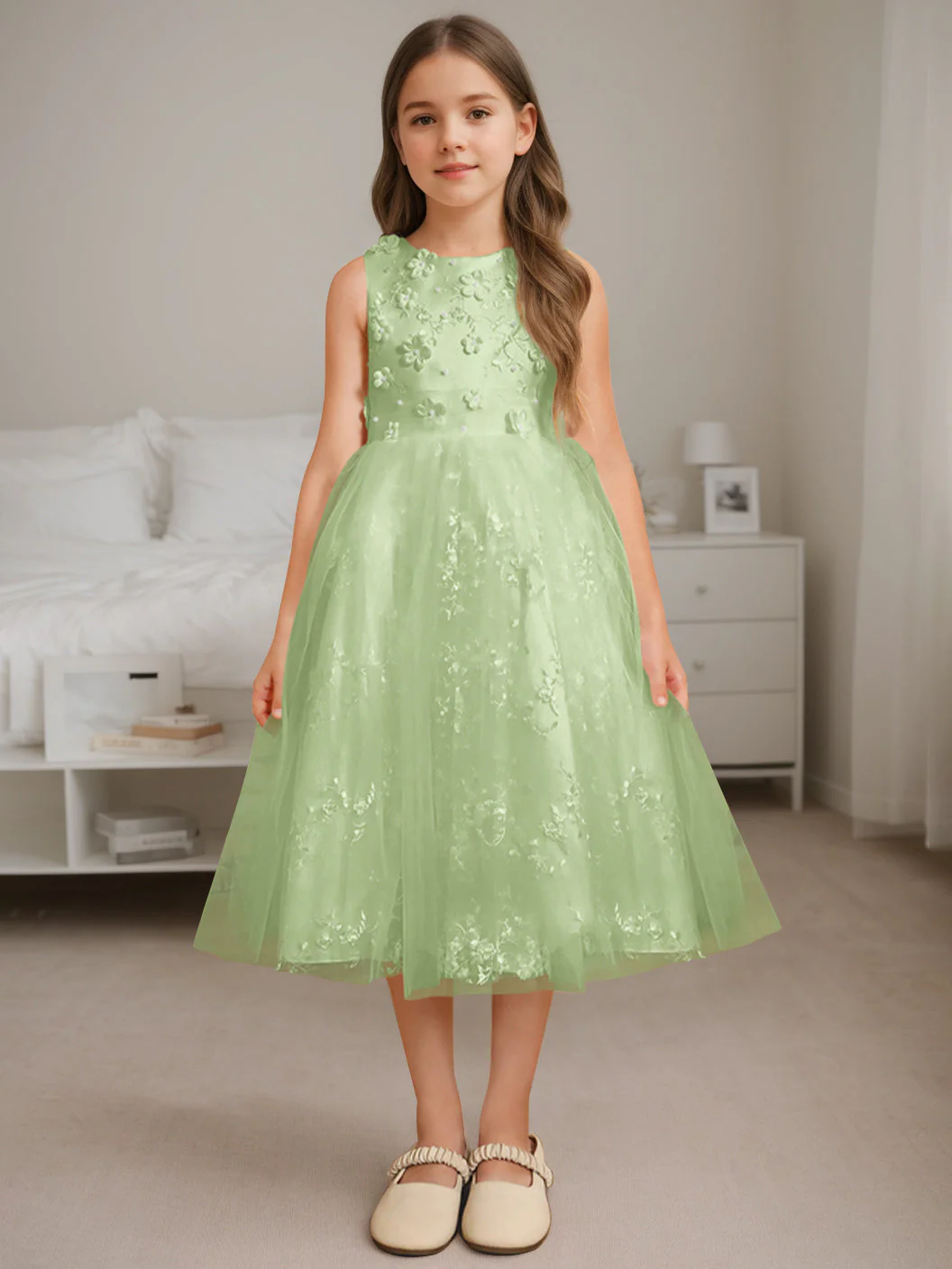 A-Line/Princess Scoop Neck Sleeveless Tea-Length Flower Girl Dress with Beading - Image 14