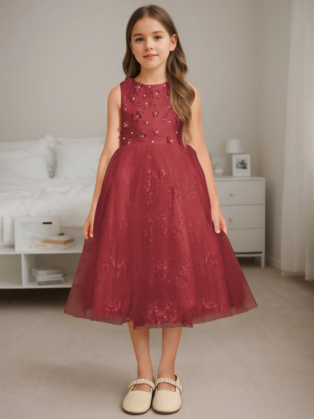 A-Line/Princess Scoop Neck Sleeveless Tea-Length Flower Girl Dress with Beading - Image 16