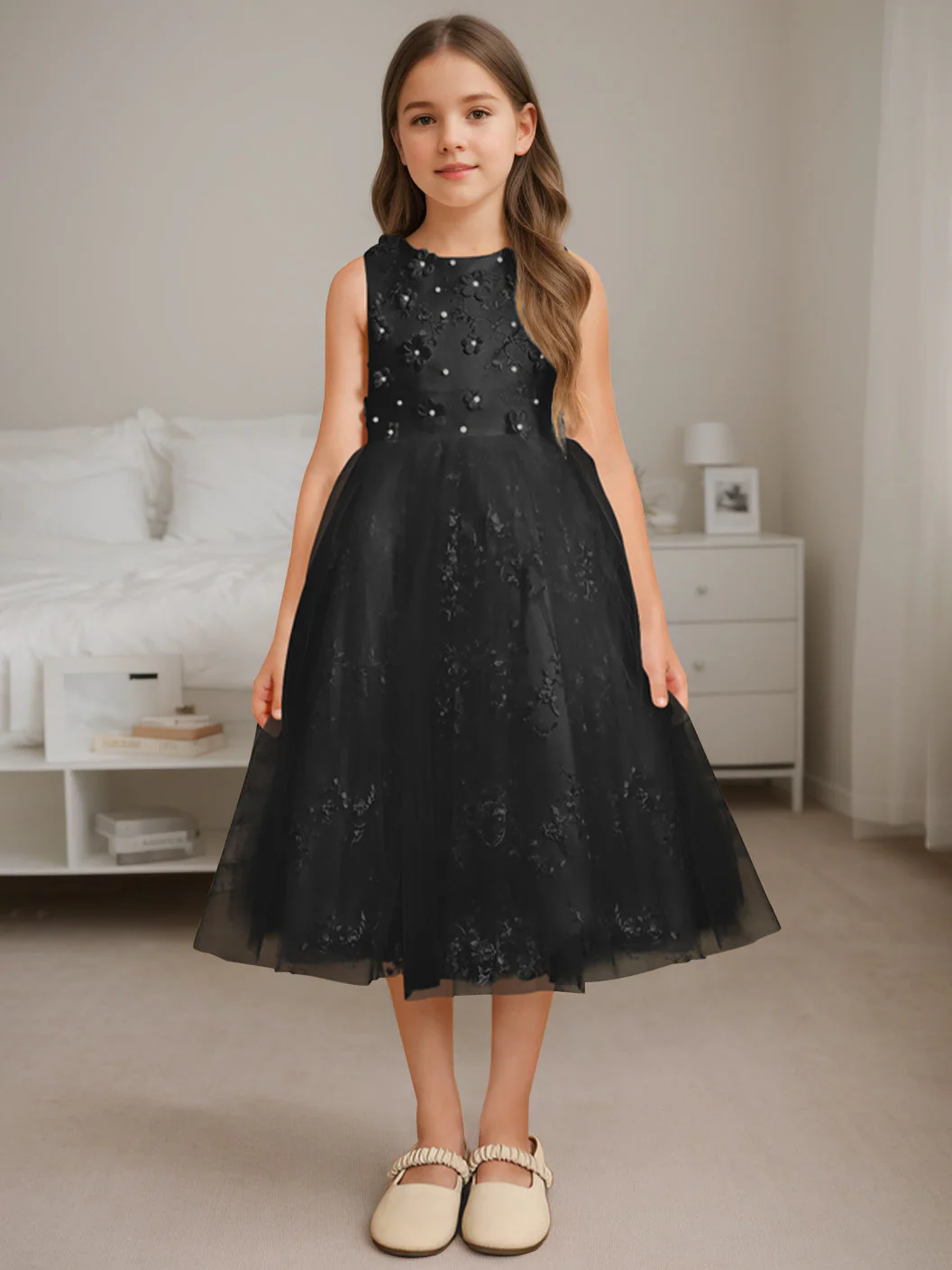 A-Line/Princess Scoop Neck Sleeveless Tea-Length Flower Girl Dress with Beading - Image 17