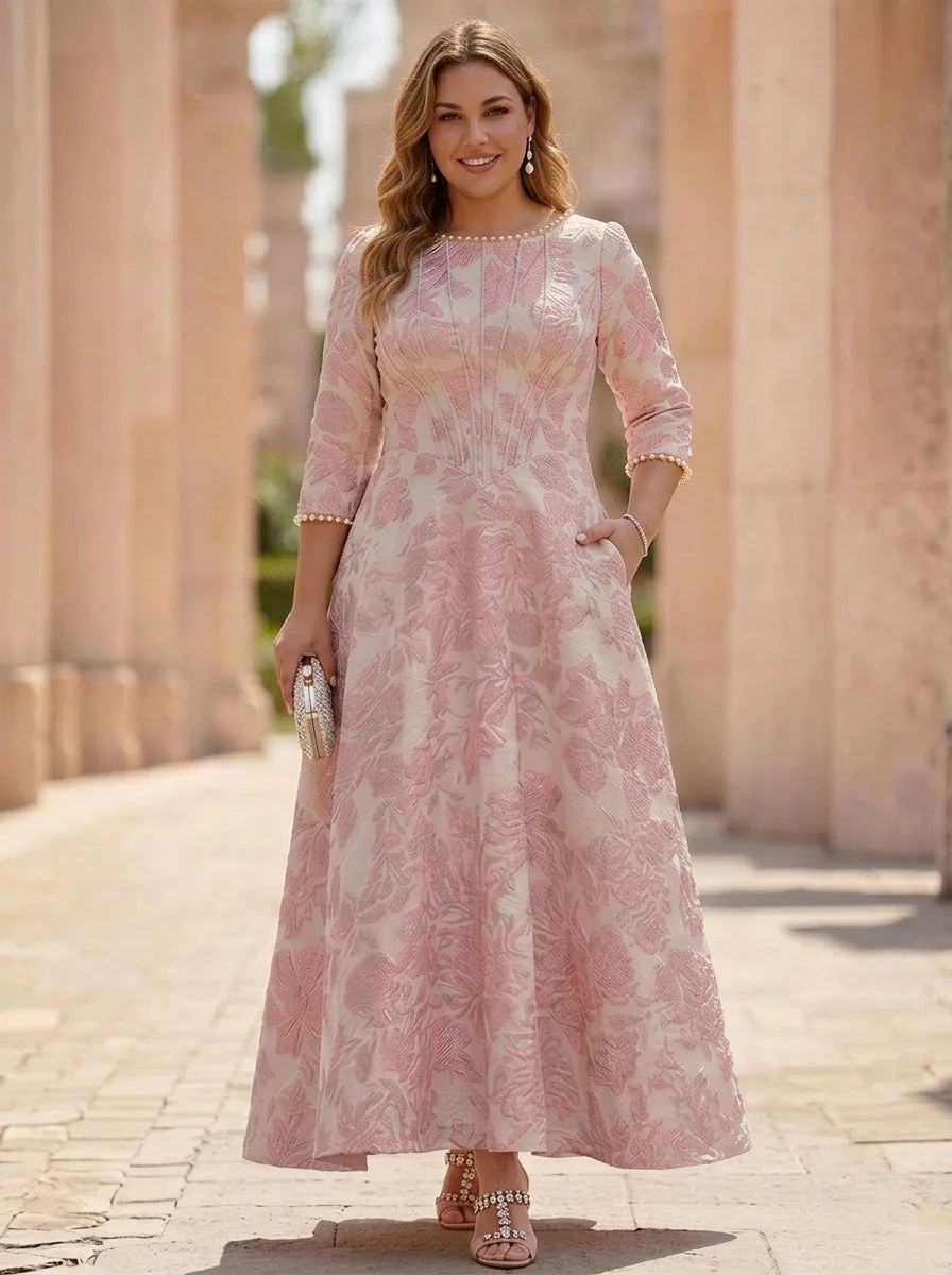 A-Line/Princess Scoop Plus Size Jacquard Mother of the Bride Dresses Floral Ankle-Length 3/4 Sleeves - Image 3