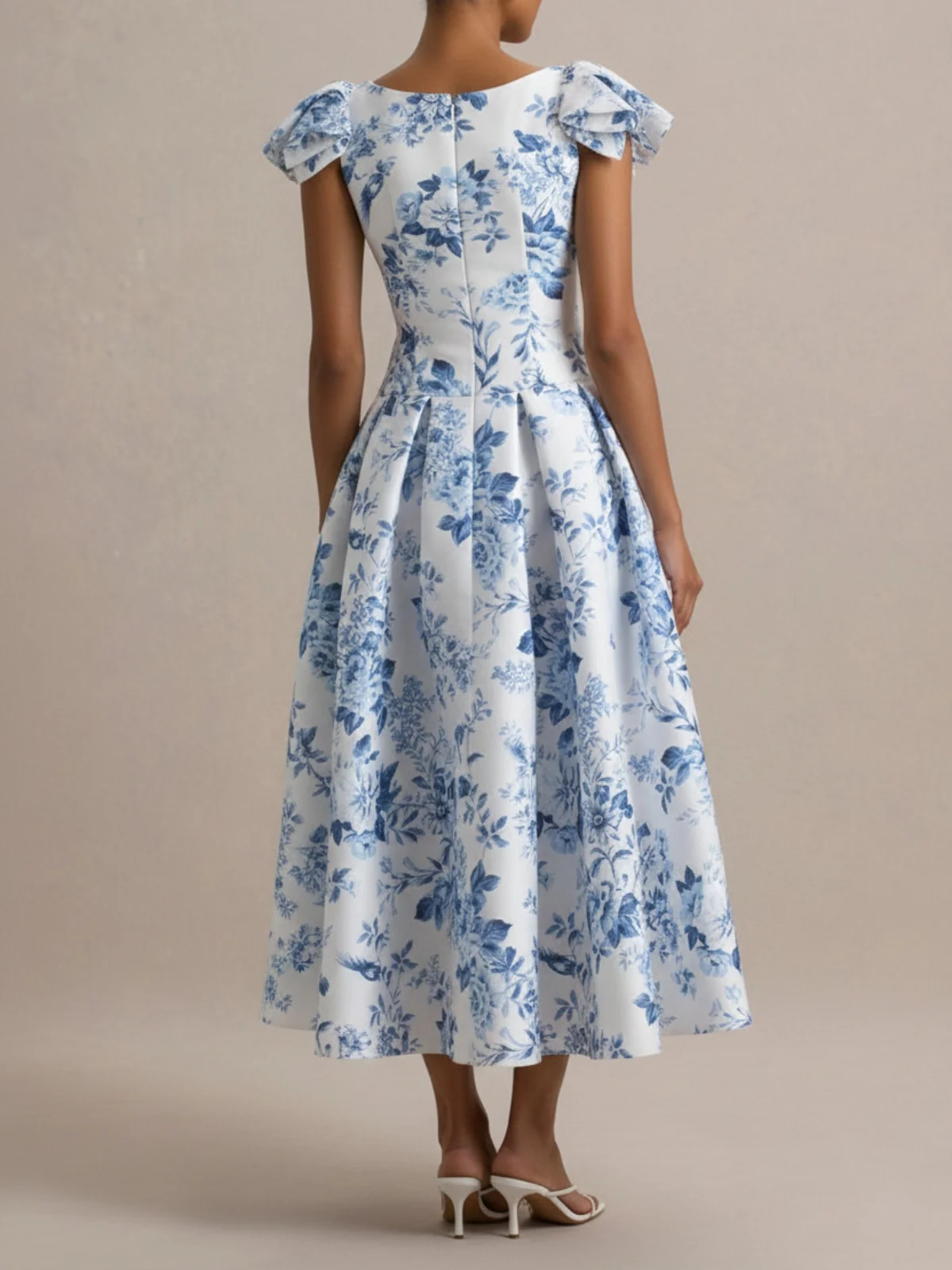 A-Line/Princess Scoop Printed Flower Mother of the Bride Dresses Tea-Length Petal Sleeves Pleated - Image 2