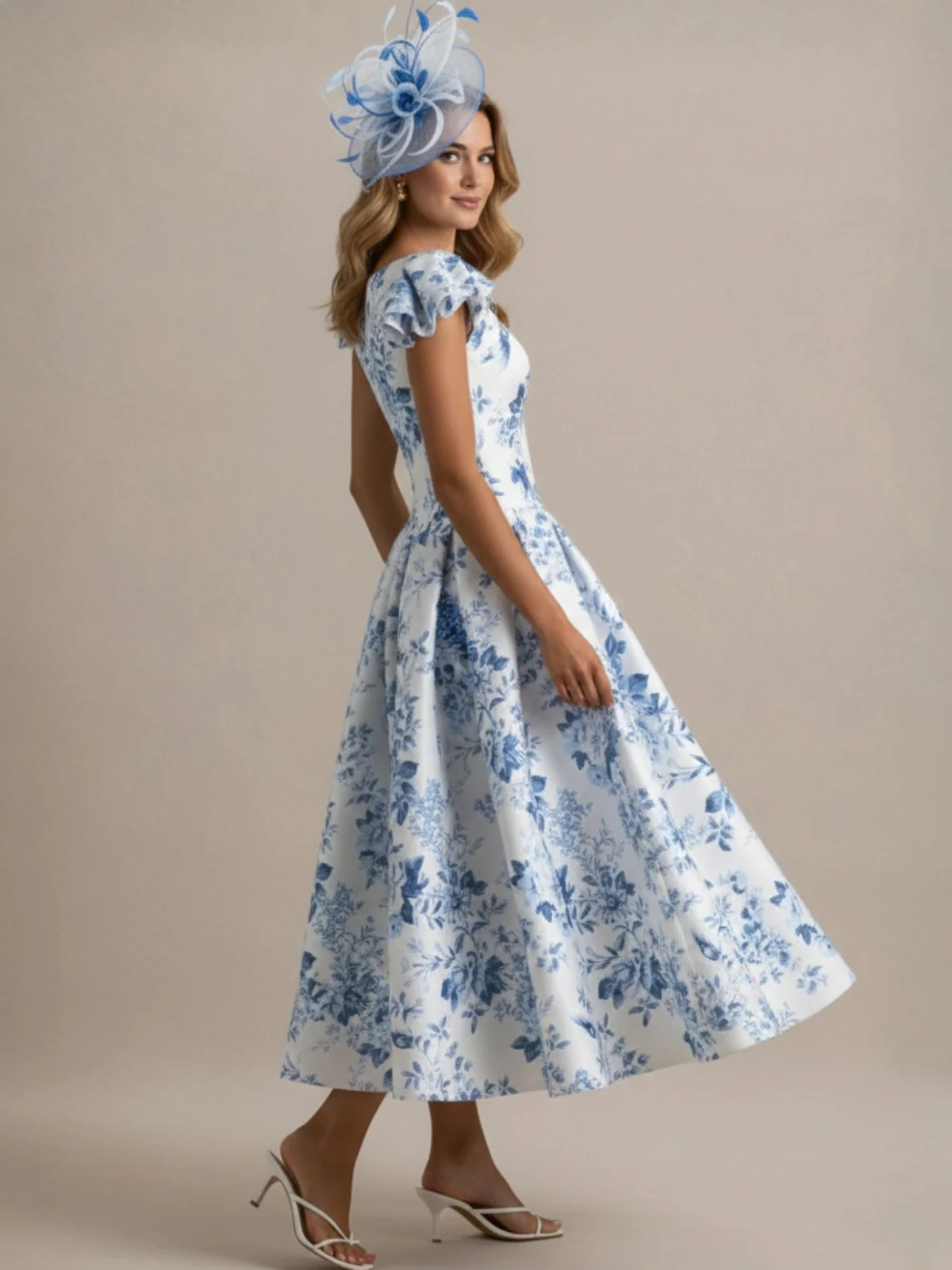 A-Line/Princess Scoop Printed Flower Mother of the Bride Dresses Tea-Length Petal Sleeves Pleated - Image 3