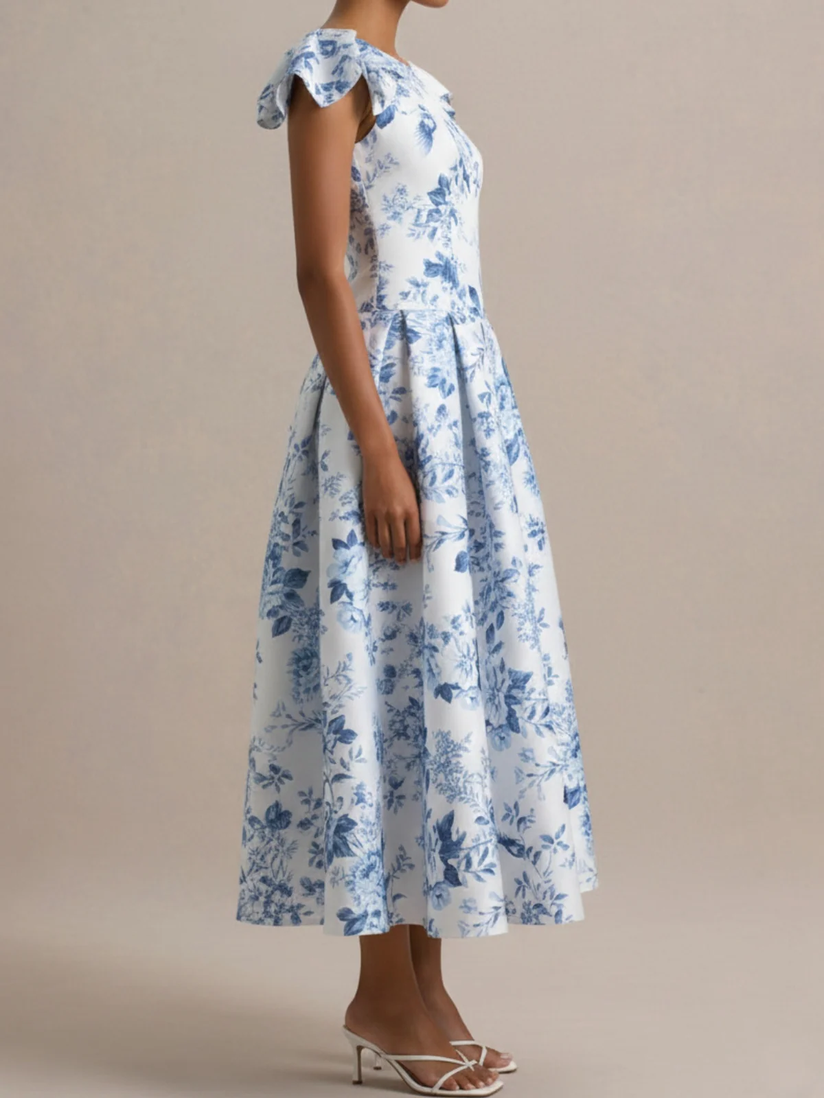 A-Line/Princess Scoop Printed Flower Mother of the Bride Dresses Tea-Length Petal Sleeves Pleated - Image 4