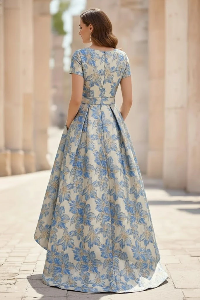 A-Line/Princess Scoop Printed Satin Mother of the Bride Dresses Short Sleeves Floral Asymmetrical Ankle-Length 3D Flower Pocket - Image 2