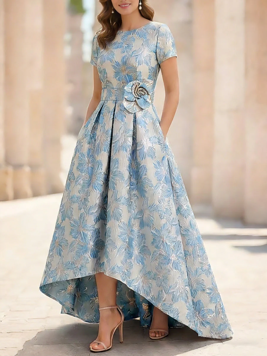 A-Line/Princess Scoop Printed Satin Mother of the Bride Dresses Short Sleeves Floral Asymmetrical Ankle-Length 3D Flower Pocket - Image 3