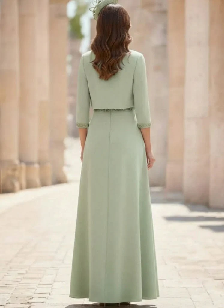 A-Line/Princess Scoop Satin 2 Pieces Mother of the Bride Dresses with Jacket Ankle-Length 3/4 Sleeves Beading - Image 2