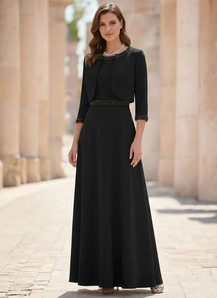 A-Line/Princess Scoop Satin 2 Pieces Mother of the Bride Dresses with Jacket Ankle-Length 3/4 Sleeves Beading - Image 3