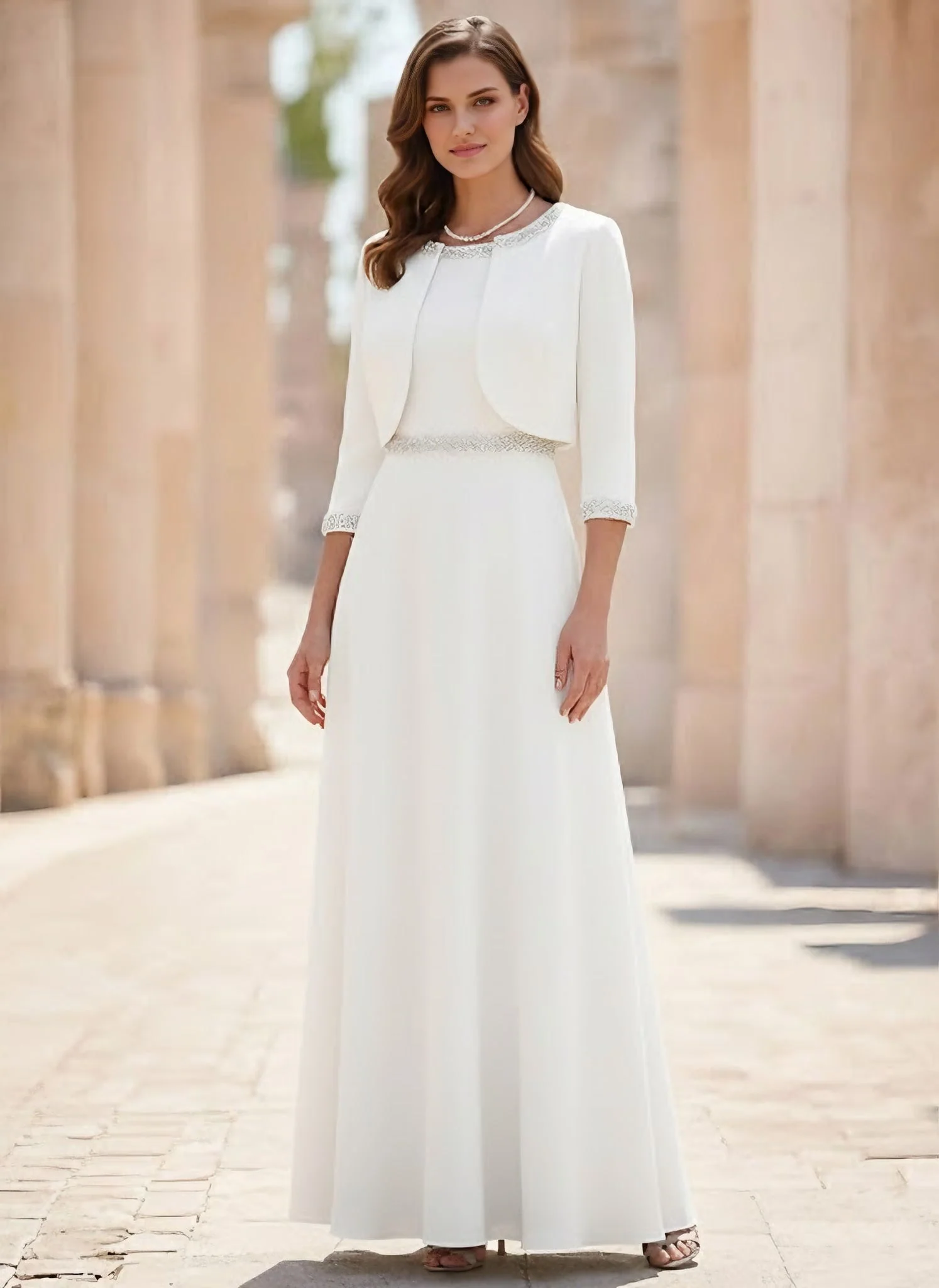 A-Line/Princess Scoop Satin 2 Pieces Mother of the Bride Dresses with Jacket Ankle-Length 3/4 Sleeves Beading - Image 4