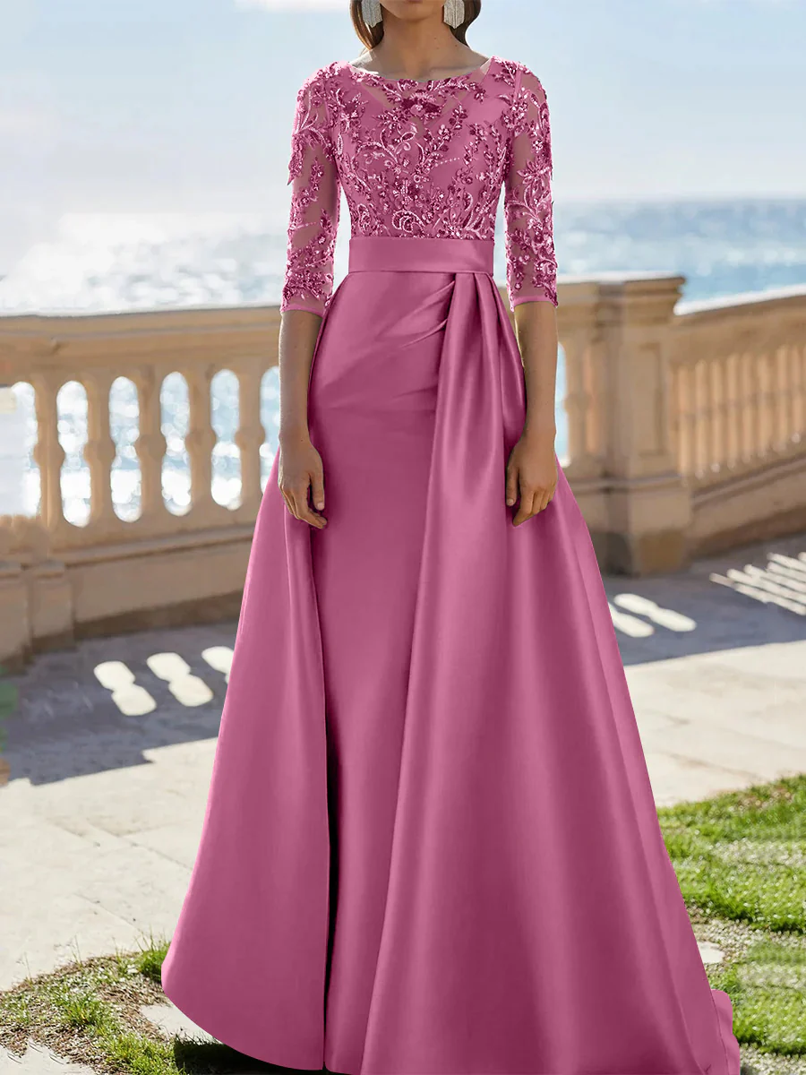 A-Line/Princess Scoop Satin Evening Dresses Half Sleeves Floor-Length Lace Party Dresses - Image 12