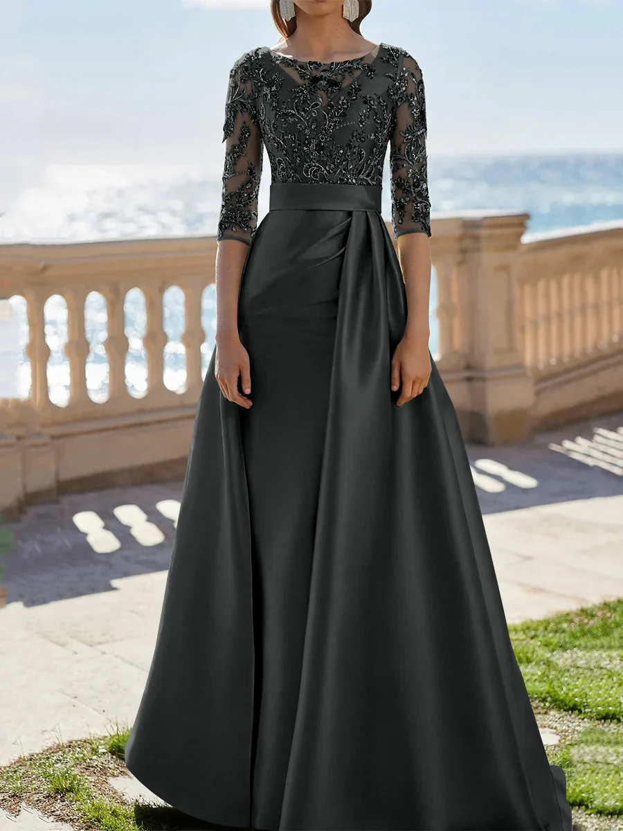 A-Line/Princess Scoop Satin Evening Dresses Half Sleeves Floor-Length Lace Party Dresses - Image 15