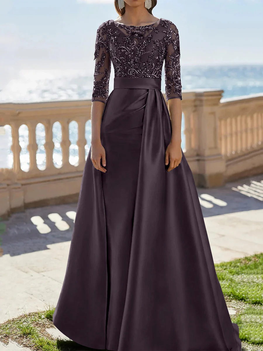 A-Line/Princess Scoop Satin Evening Dresses Half Sleeves Floor-Length Lace Party Dresses - Image 24