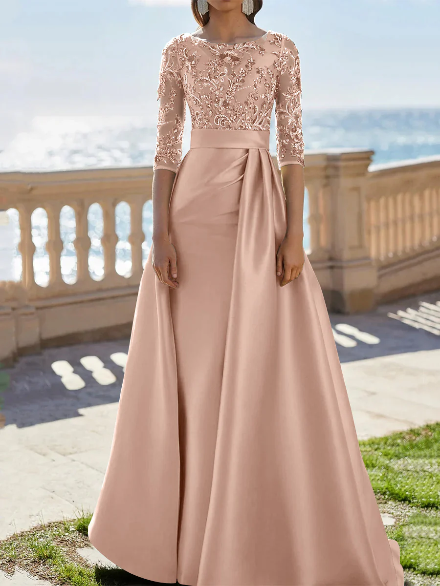 A-Line/Princess Scoop Satin Evening Dresses Half Sleeves Floor-Length Lace Party Dresses - Image 3