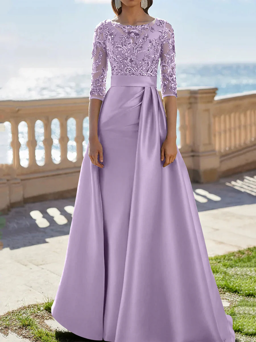 A-Line/Princess Scoop Satin Evening Dresses Half Sleeves Floor-Length Lace Party Dresses - Image 34