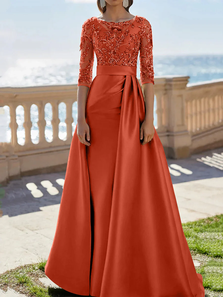 A-Line/Princess Scoop Satin Evening Dresses Half Sleeves Floor-Length Lace Party Dresses - Image 40