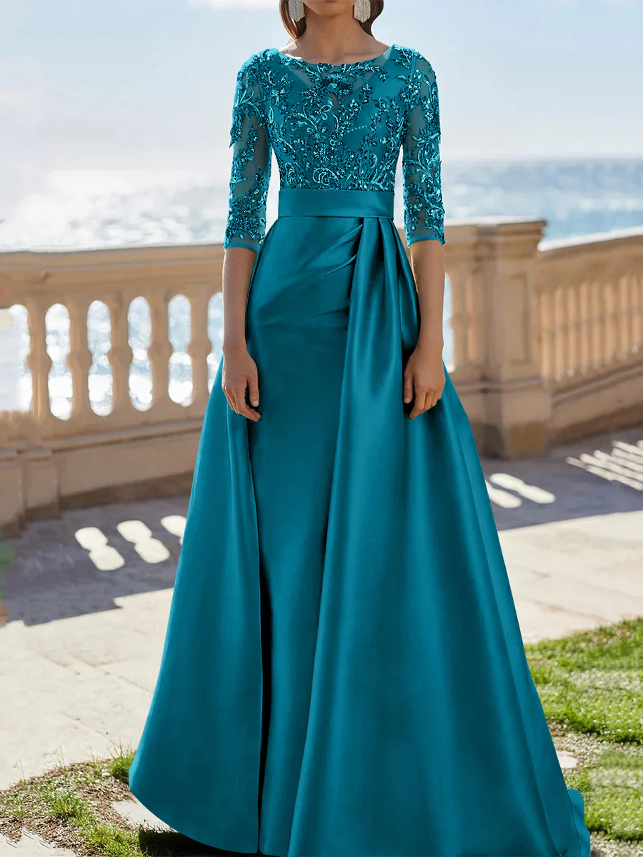 A-Line/Princess Scoop Satin Evening Dresses Half Sleeves Floor-Length Lace Party Dresses - Image 43