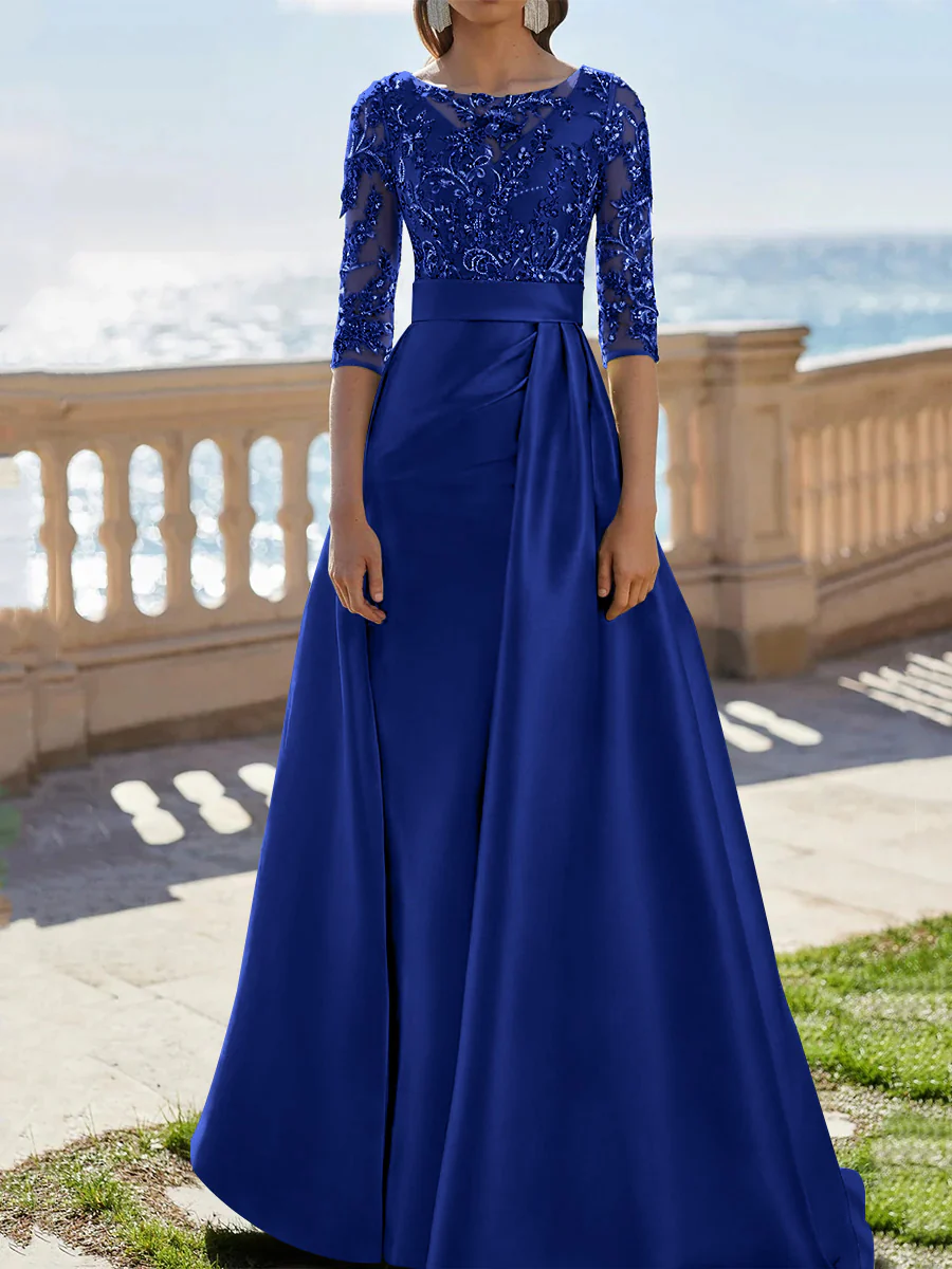 A-Line/Princess Scoop Satin Evening Dresses Half Sleeves Floor-Length Lace Party Dresses - Image 45