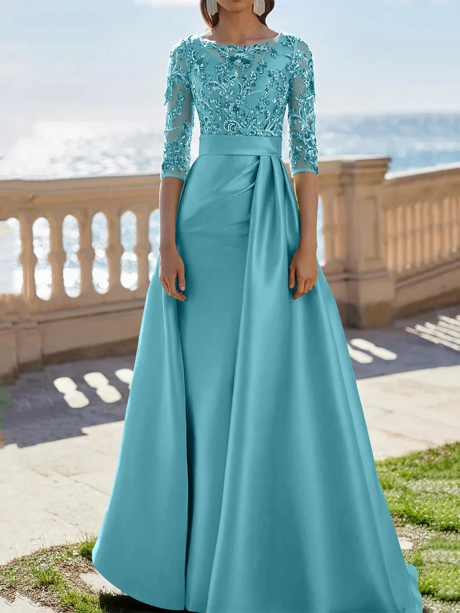 A-Line/Princess Scoop Satin Evening Dresses Half Sleeves Floor-Length Lace Party Dresses - Image 5