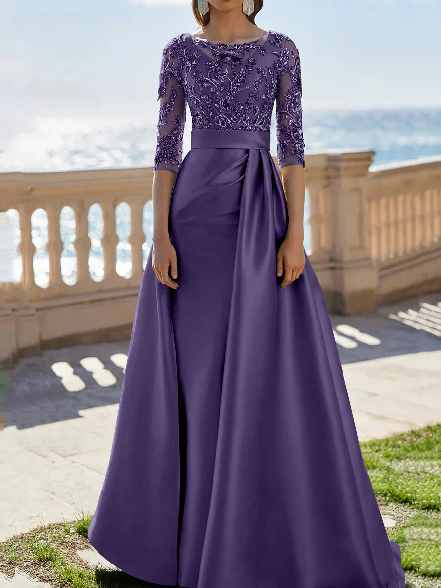 A-Line/Princess Scoop Satin Evening Dresses Half Sleeves Floor-Length Lace Party Dresses - Image 51