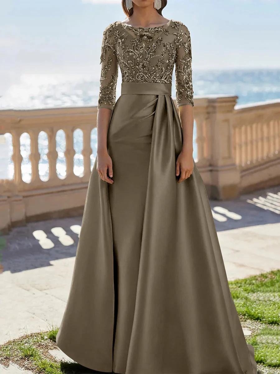 A-Line/Princess Scoop Satin Evening Dresses Half Sleeves Floor-Length Lace Party Dresses - Image 52