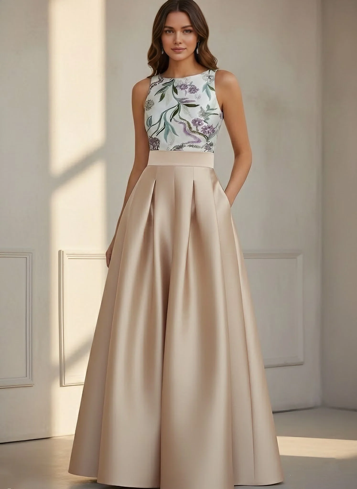 A-Line/Princess Scoop Satin Evening Dresses Sleeveless Floor-Length Floral Sequins Party Dresses - Image 5