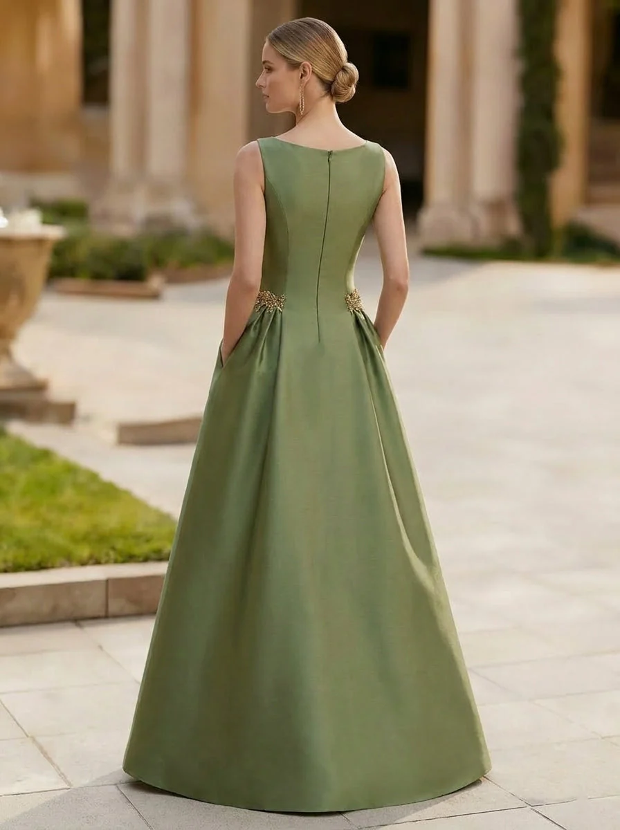A-Line/Princess Scoop Satin Evening Dresses Sleeveless Floor-Length Rhinestone Party Dresses - Image 2