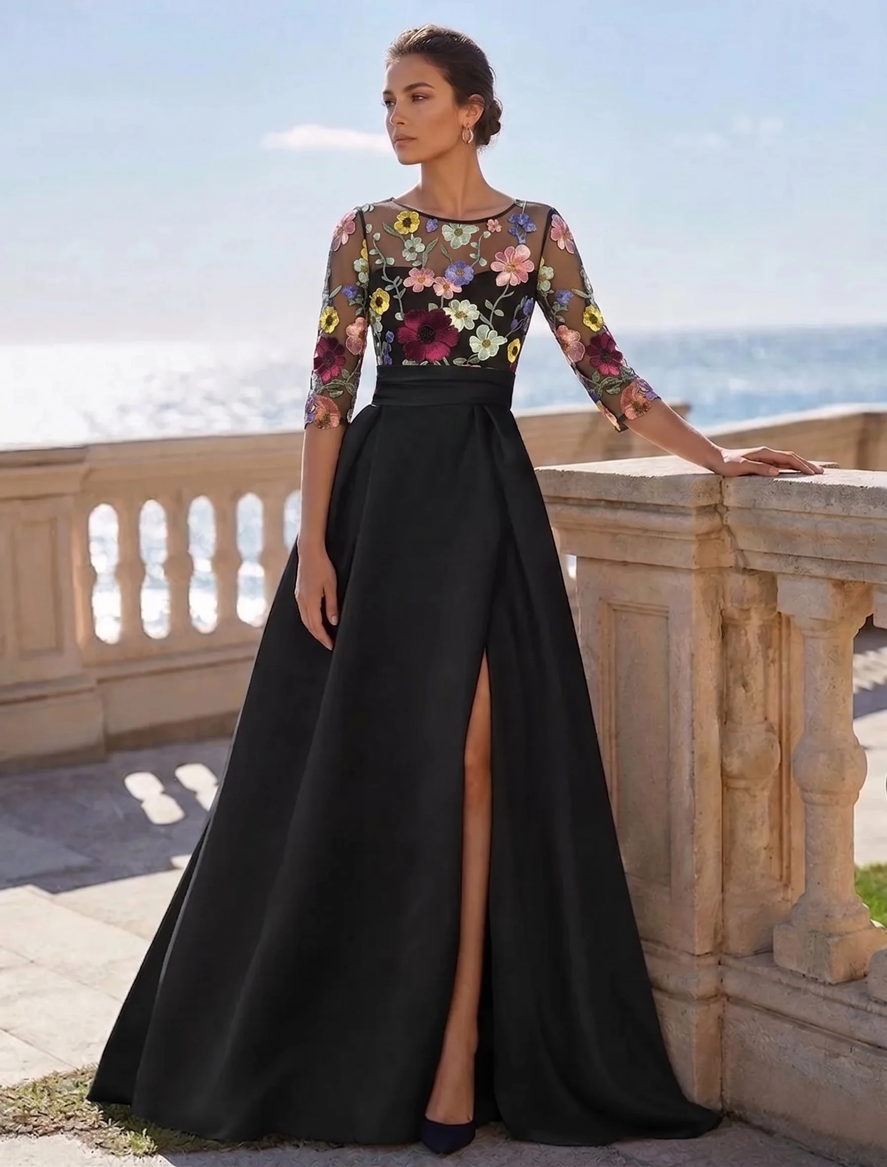 A-Line/Princess Scoop Satin Evening Dresses with Split Side 3/4 Sleeves Floor-Length Lace Floral Party Dresses - Image 3