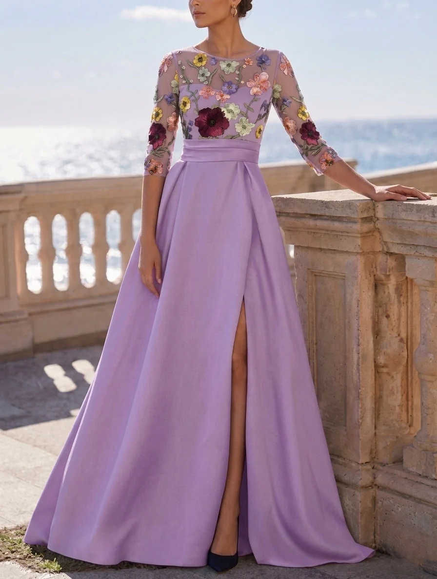 A-Line/Princess Scoop Satin Evening Dresses with Split Side 3/4 Sleeves Floor-Length Lace Floral Party Dresses - Image 4