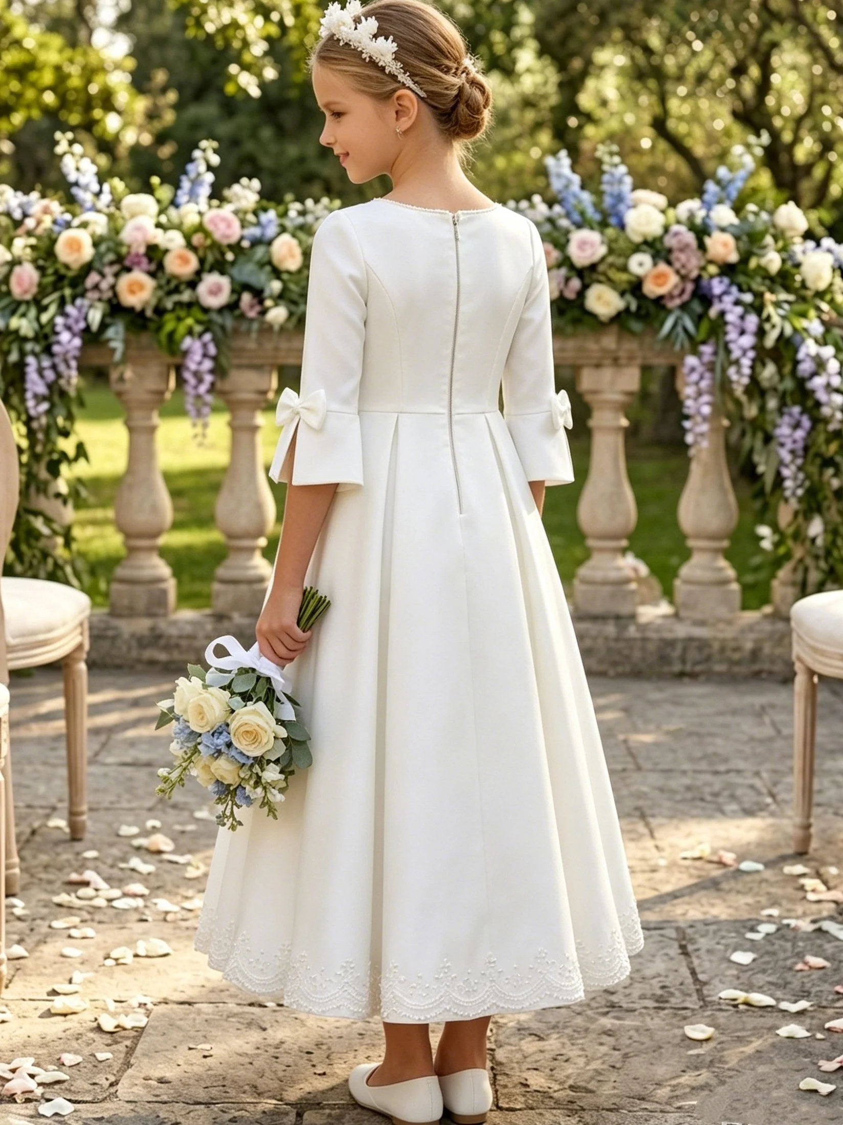 A-Line/Princess Scoop Satin Flower Girl Dresses 3/4 Sleeves Tea-Length With Bowknots - Image 2