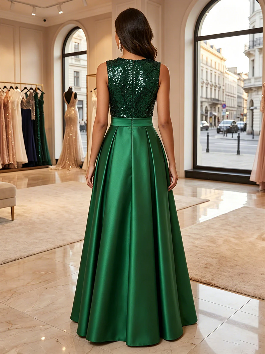 A-Line/Princess Scoop Satin Formal Dresses Sleeveless Sequins Floor-Length Evening Dresses - Image 2