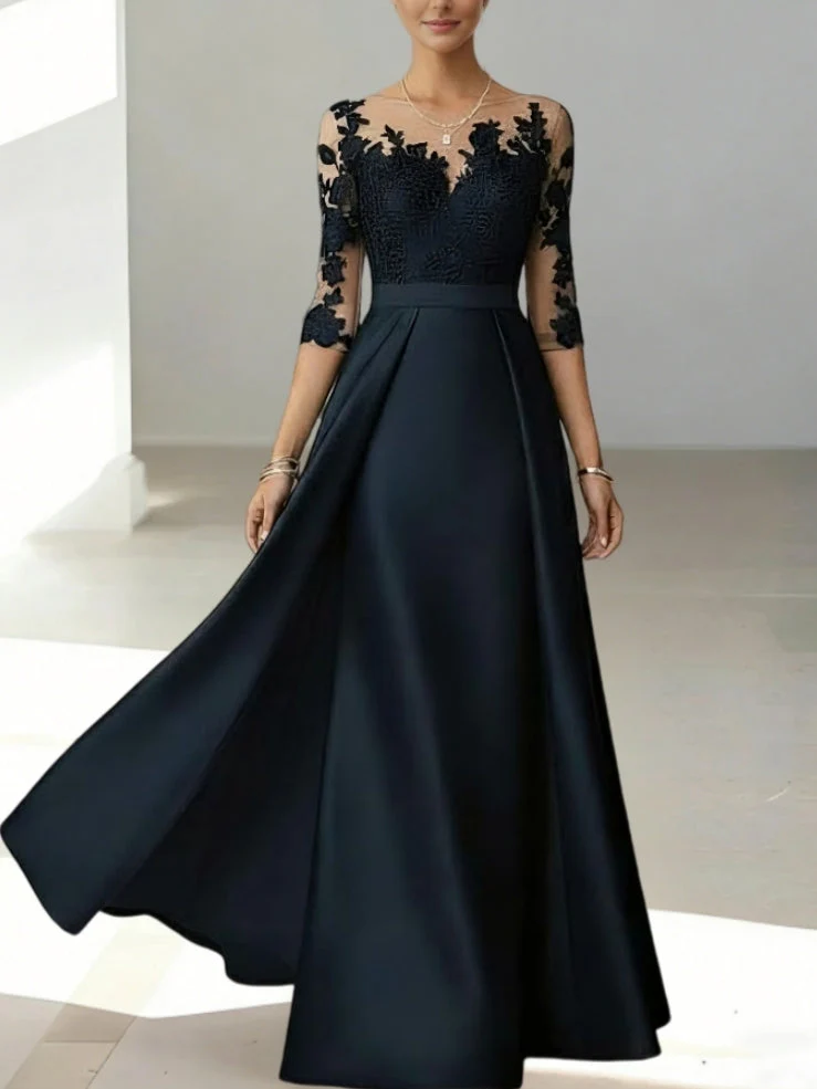 A-Line/Princess Scoop Satin Mother of the Bride Dresses 3/4 Sleeves Lace Floor-Length Floral