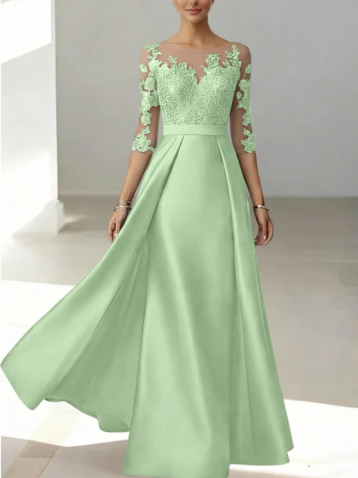 A-Line/Princess Scoop Satin Mother of the Bride Dresses 3/4 Sleeves Lace Floor-Length Floral - Image 11