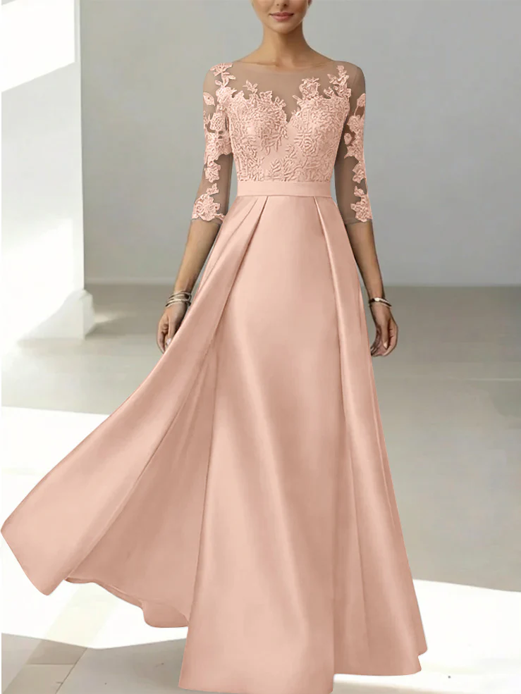 A-Line/Princess Scoop Satin Mother of the Bride Dresses 3/4 Sleeves Lace Floor-Length Floral - Image 12