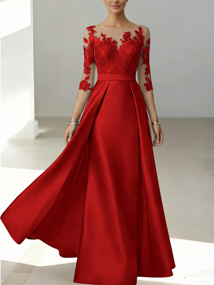 A-Line/Princess Scoop Satin Mother of the Bride Dresses 3/4 Sleeves Lace Floor-Length Floral - Image 13