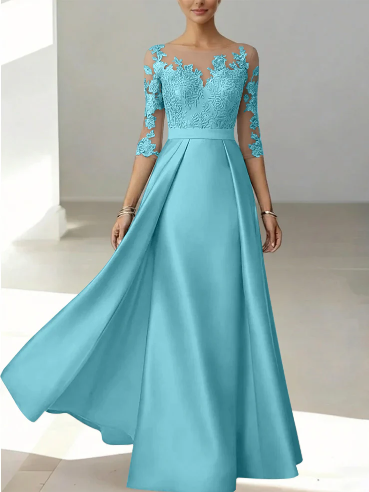 A-Line/Princess Scoop Satin Mother of the Bride Dresses 3/4 Sleeves Lace Floor-Length Floral - Image 14