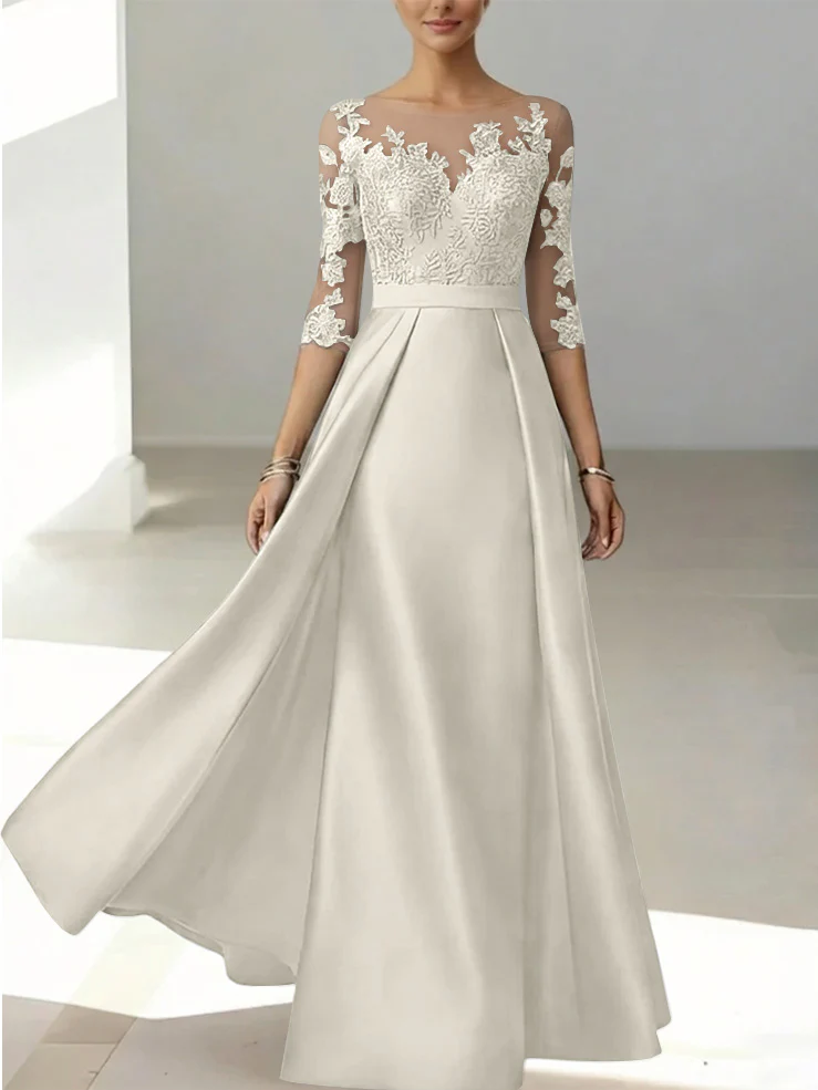 A-Line/Princess Scoop Satin Mother of the Bride Dresses 3/4 Sleeves Lace Floor-Length Floral - Image 15