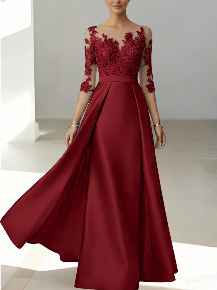 A-Line/Princess Scoop Satin Mother of the Bride Dresses 3/4 Sleeves Lace Floor-Length Floral - Image 16