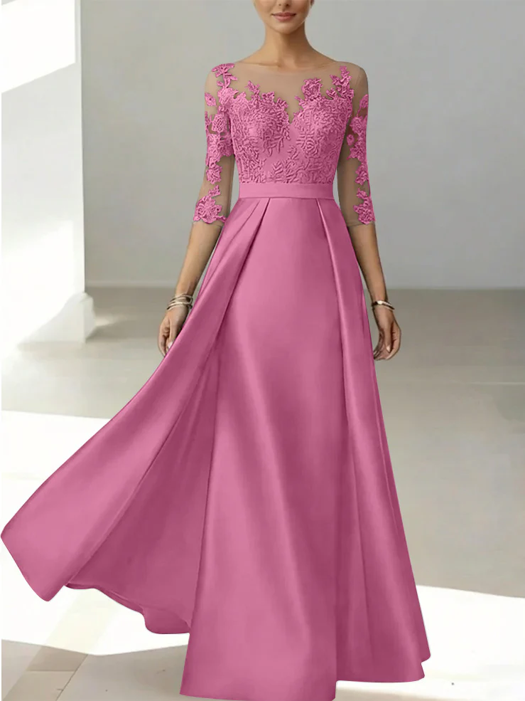 A-Line/Princess Scoop Satin Mother of the Bride Dresses 3/4 Sleeves Lace Floor-Length Floral - Image 18