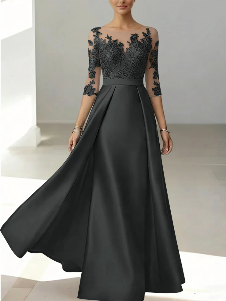 A-Line/Princess Scoop Satin Mother of the Bride Dresses 3/4 Sleeves Lace Floor-Length Floral - Image 19