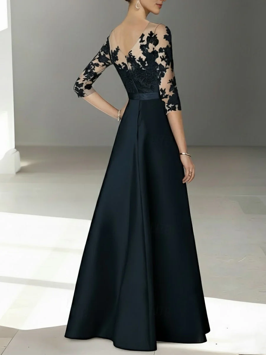 A-Line/Princess Scoop Satin Mother of the Bride Dresses 3/4 Sleeves Lace Floor-Length Floral - Image 2