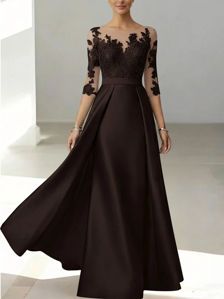 A-Line/Princess Scoop Satin Mother of the Bride Dresses 3/4 Sleeves Lace Floor-Length Floral - Image 20