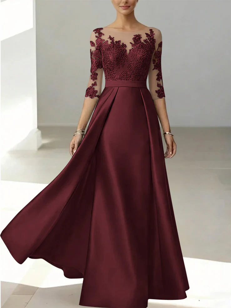 A-Line/Princess Scoop Satin Mother of the Bride Dresses 3/4 Sleeves Lace Floor-Length Floral - Image 21