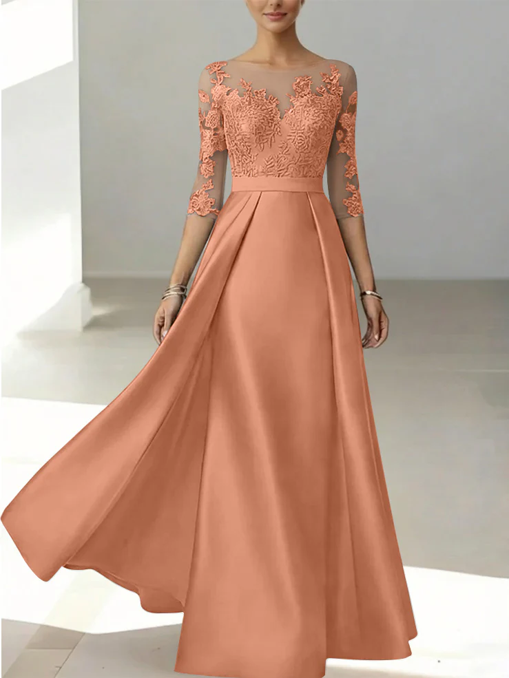 A-Line/Princess Scoop Satin Mother of the Bride Dresses 3/4 Sleeves Lace Floor-Length Floral - Image 22