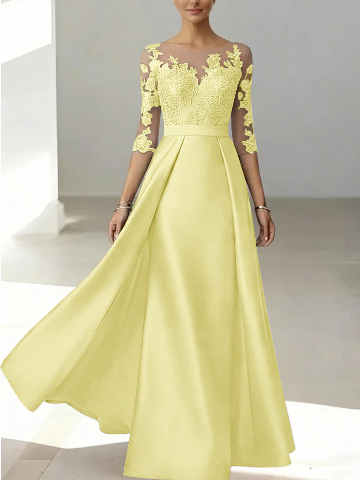 A-Line/Princess Scoop Satin Mother of the Bride Dresses 3/4 Sleeves Lace Floor-Length Floral - Image 23