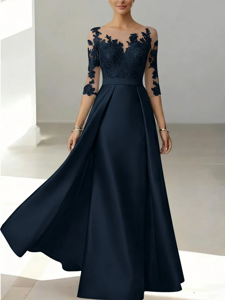 A-Line/Princess Scoop Satin Mother of the Bride Dresses 3/4 Sleeves Lace Floor-Length Floral - Image 24