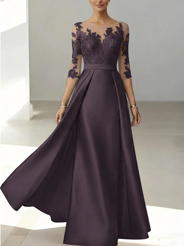 A-Line/Princess Scoop Satin Mother of the Bride Dresses 3/4 Sleeves Lace Floor-Length Floral - Image 26