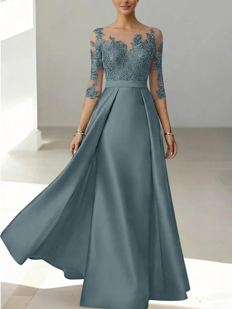 A-Line/Princess Scoop Satin Mother of the Bride Dresses 3/4 Sleeves Lace Floor-Length Floral - Image 27