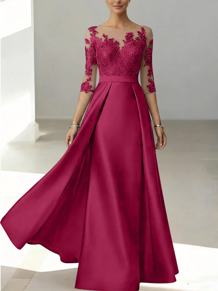 A-Line/Princess Scoop Satin Mother of the Bride Dresses 3/4 Sleeves Lace Floor-Length Floral - Image 29