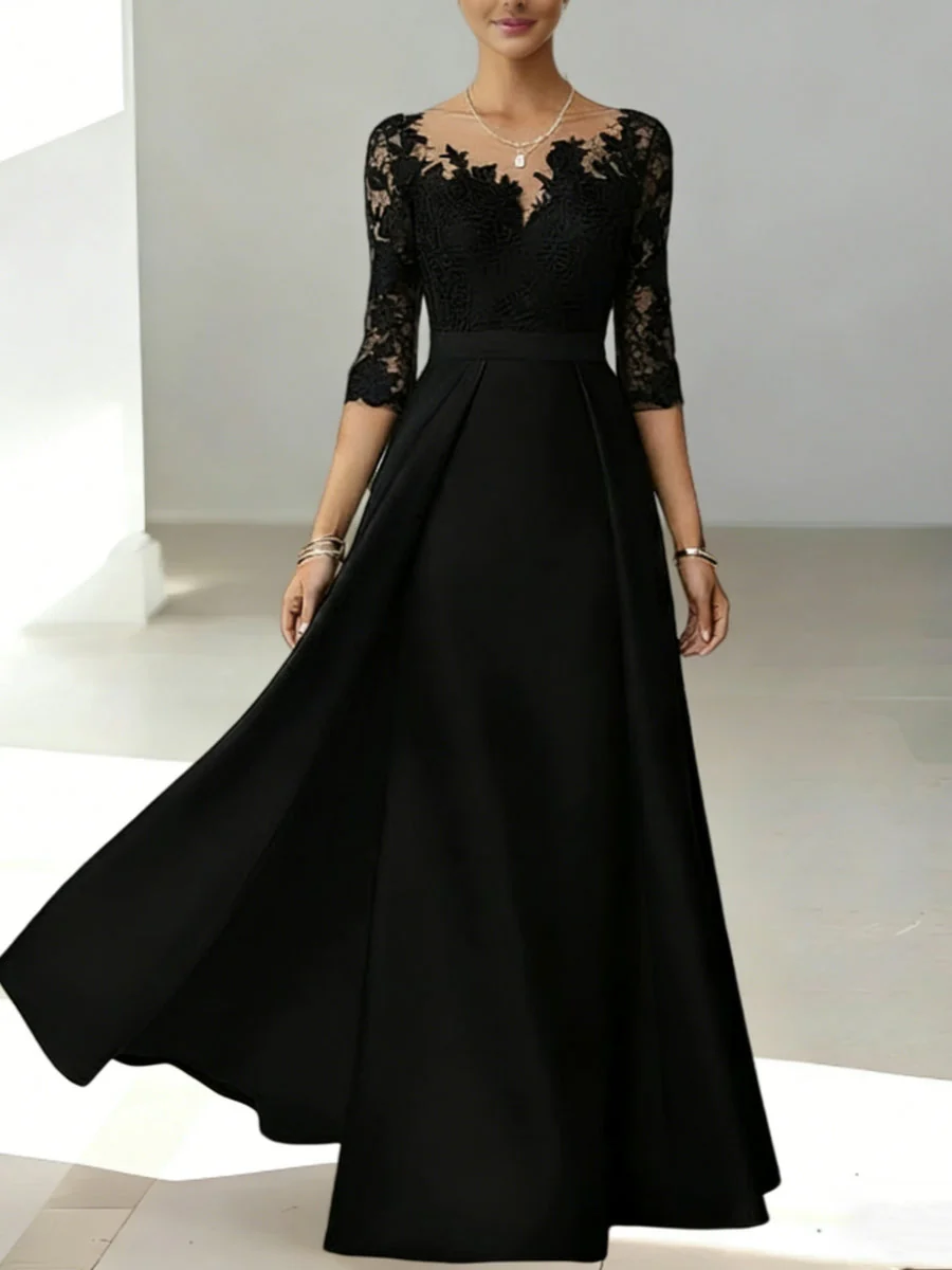 A-Line/Princess Scoop Satin Mother of the Bride Dresses 3/4 Sleeves Lace Floor-Length Floral - Image 3