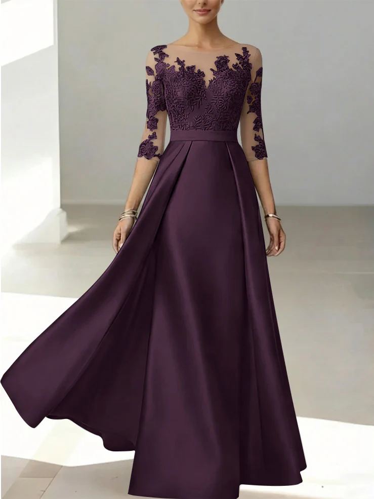 A-Line/Princess Scoop Satin Mother of the Bride Dresses 3/4 Sleeves Lace Floor-Length Floral - Image 31