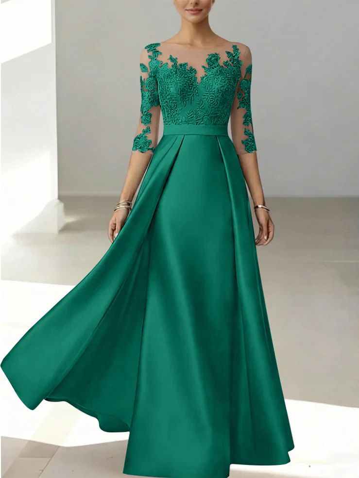 A-Line/Princess Scoop Satin Mother of the Bride Dresses 3/4 Sleeves Lace Floor-Length Floral - Image 33
